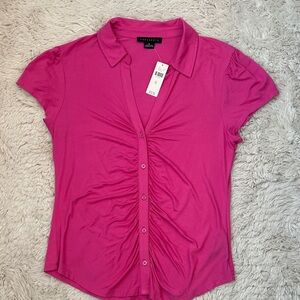 NWT Anthropologie by Sanctuary Sz XL vibrant pink ruched Button with collar top
